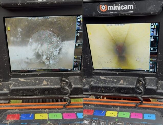 CCTV survey monitor showing a live drainage inspection